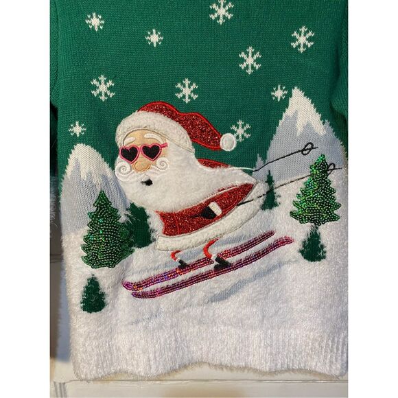 Holiday time girls, Santa skiing, green, long sleeve, sweater, size large - Picture 3 of 4